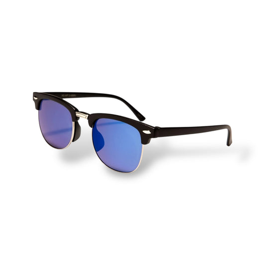 Sunglasses with black frame and blue lenses on a white background