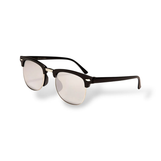 Sunglasses with black frame and reflective lenses on a white background