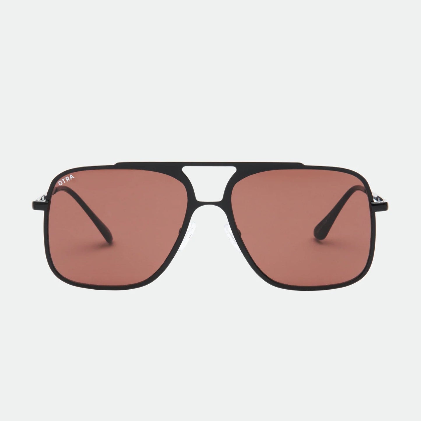 Sunglasses with brown lenses and black frames on a white background