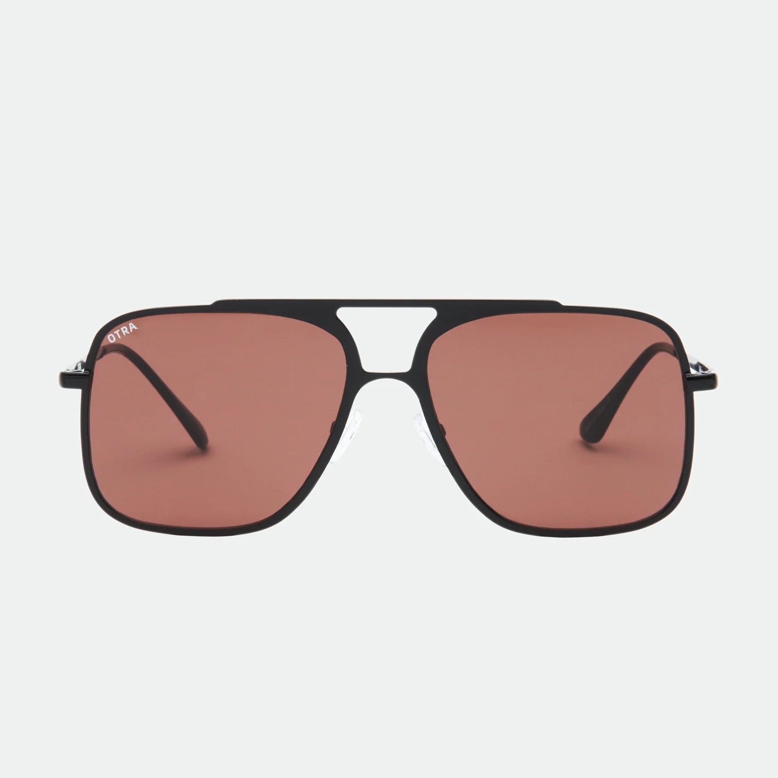 Sunglasses with brown lenses and black frames on a white background