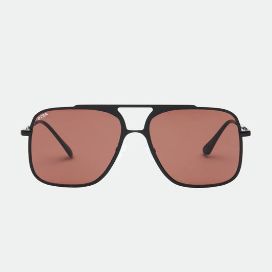 Sunglasses with brown lenses and black frames on a white background