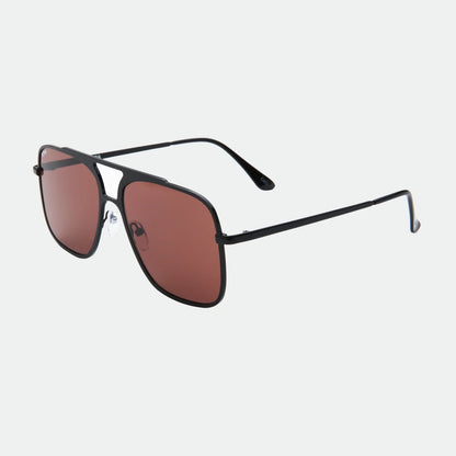 Sunglasses with black frame and brown lenses on a light gray background