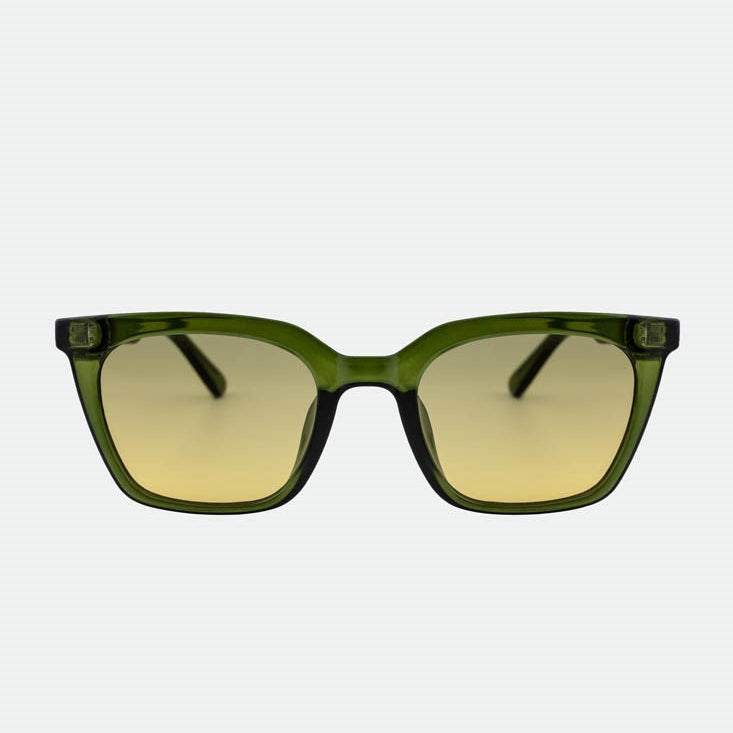 Green sunglasses with yellow-tinted lenses on a white background