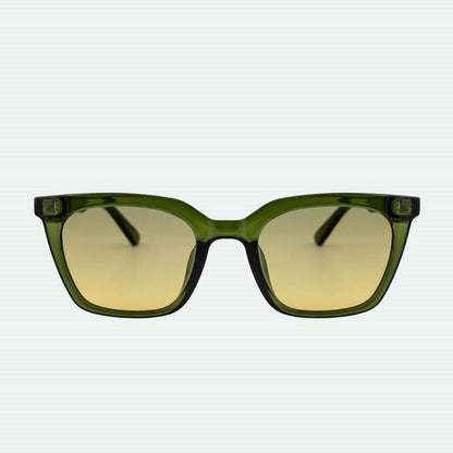 Green sunglasses with yellow-tinted lenses on a white background