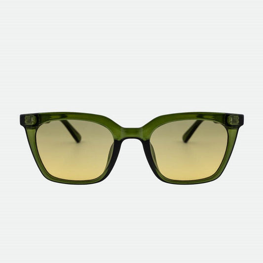 Green sunglasses with yellow-tinted lenses on a white background