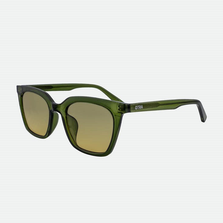 Green sunglasses with a dark green background