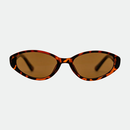 Sunglasses with tortoiseshell frame and brown lenses on a white background