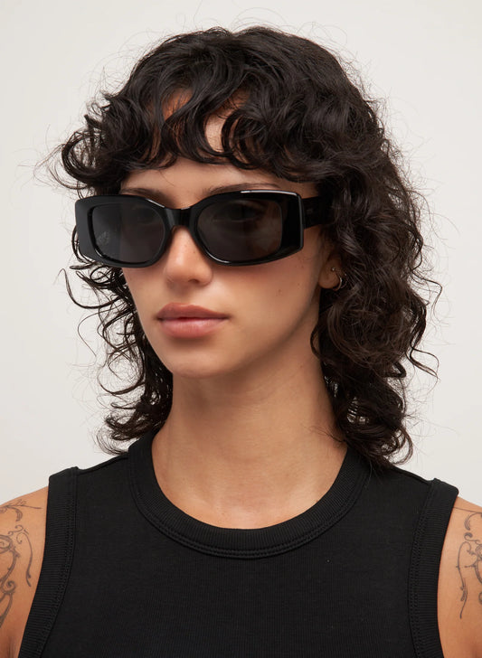 Person wearing black sunglasses and a black tank top against a plain background