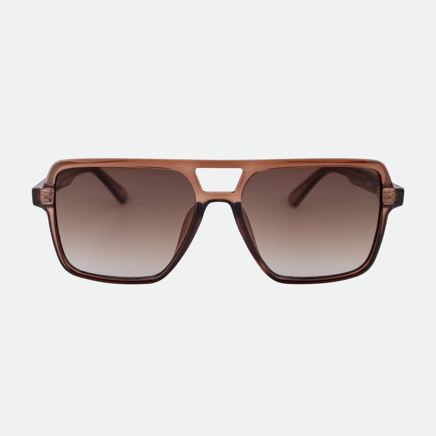 Brown sunglasses with a gradient lens on a light gray background