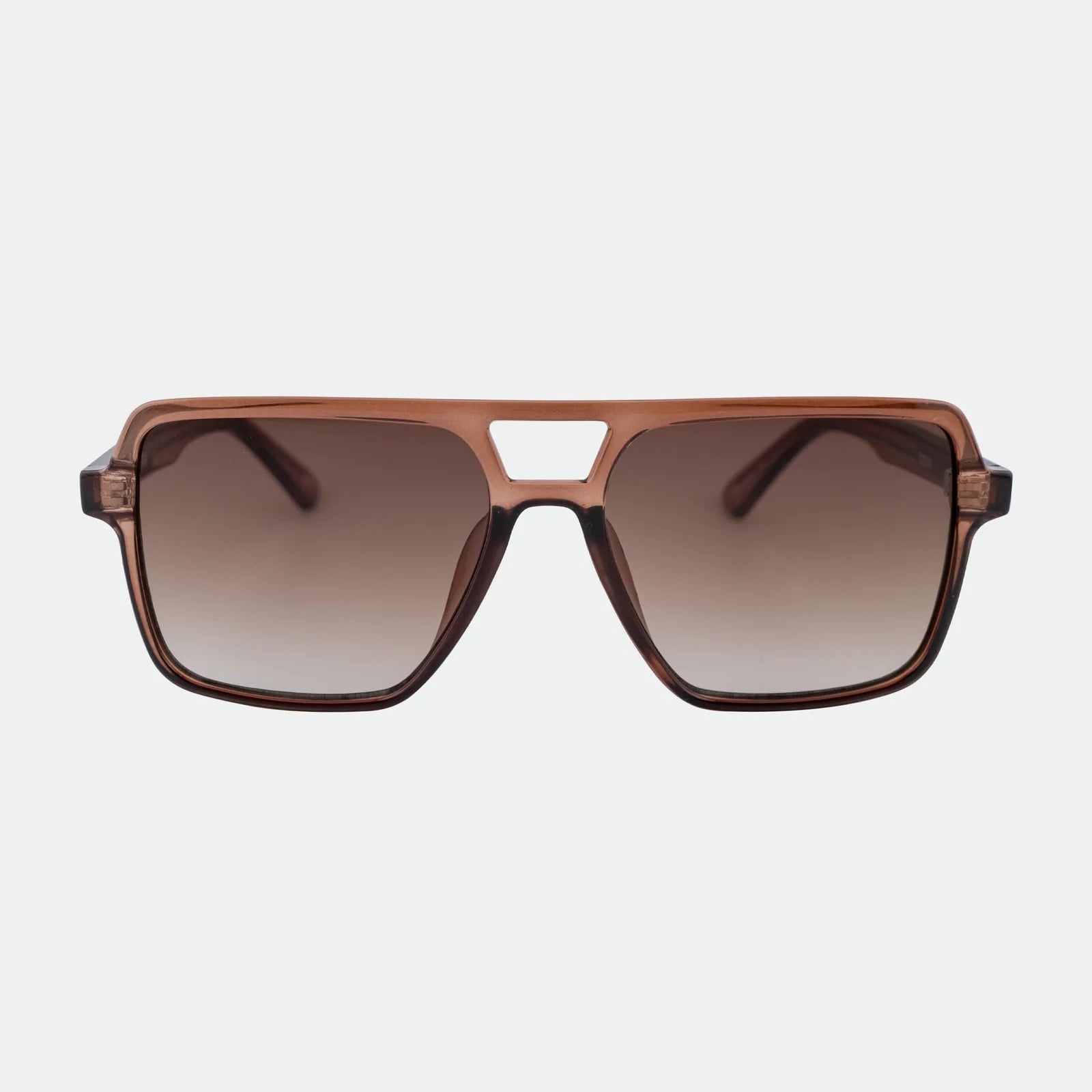 Brown sunglasses with a gradient lens on a light gray background