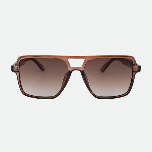 Brown sunglasses with a gradient lens on a light gray background