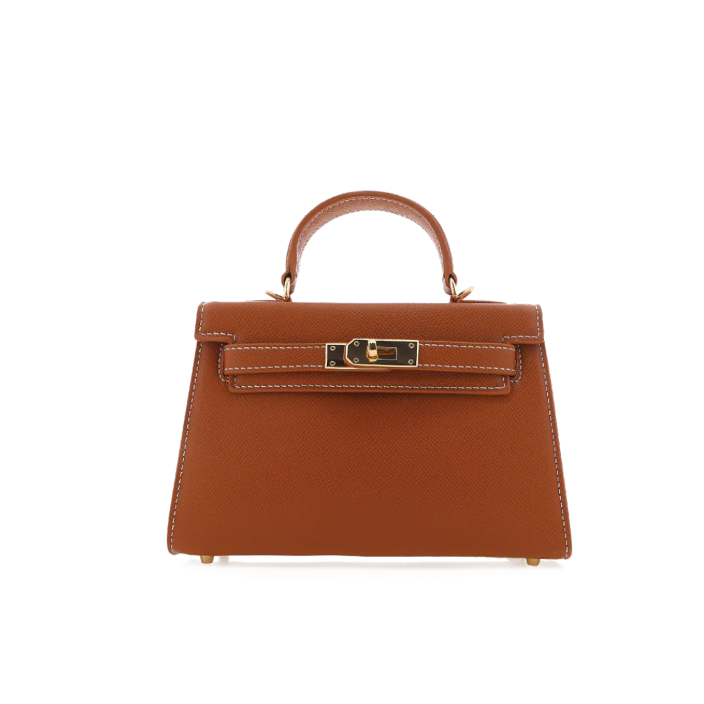 Brown handbag with gold hardware on a white background