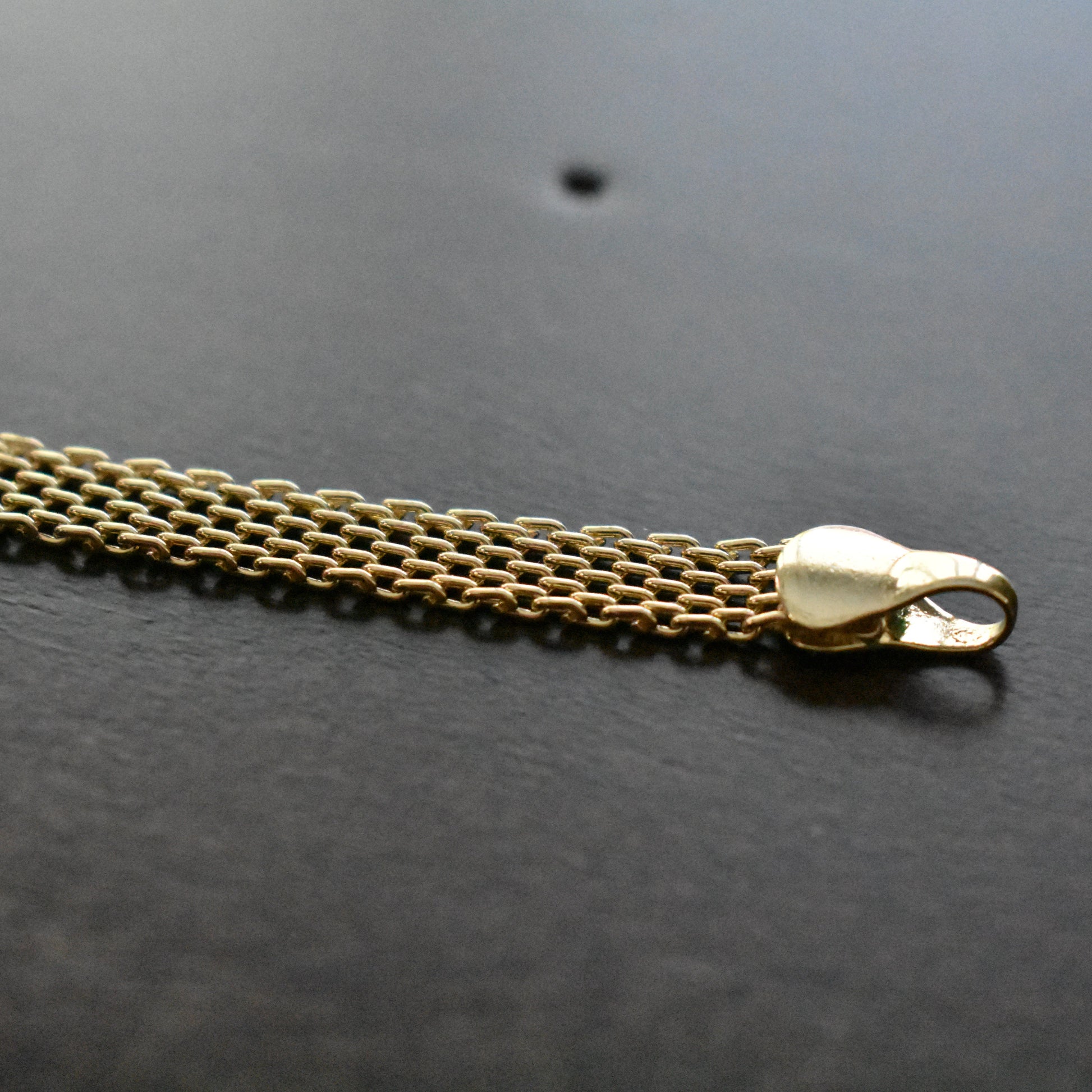 Gold chain with a clasp on a dark surface