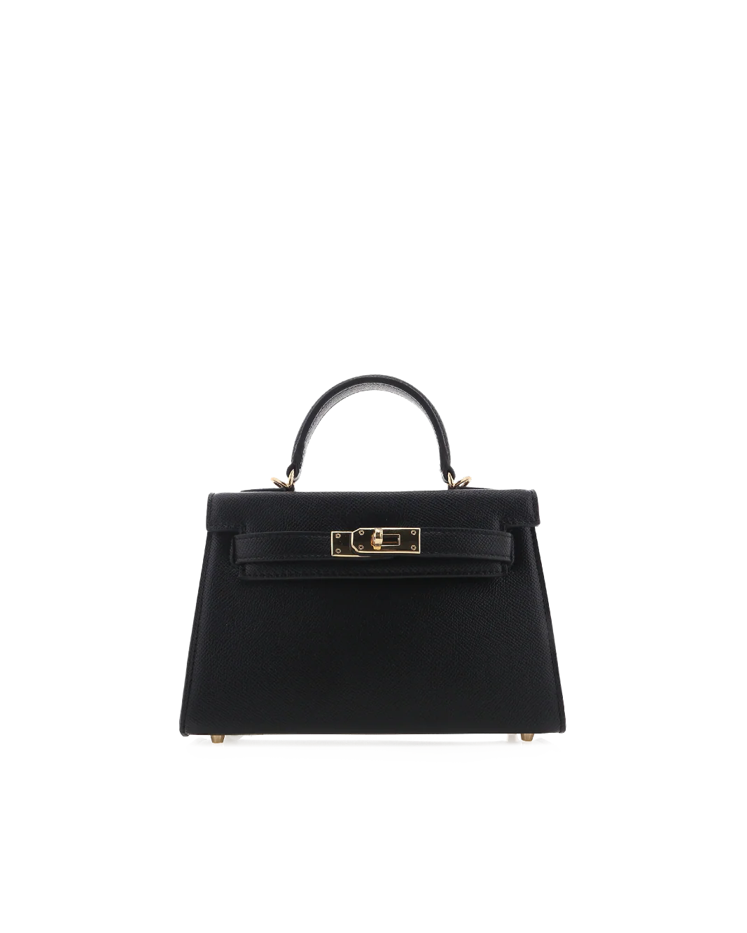 Black handbag with gold hardware on a white background
