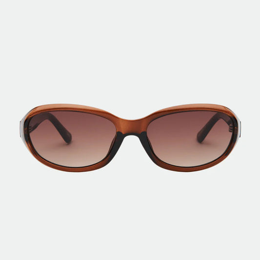 Brown sunglasses with a gradient lens on a white background