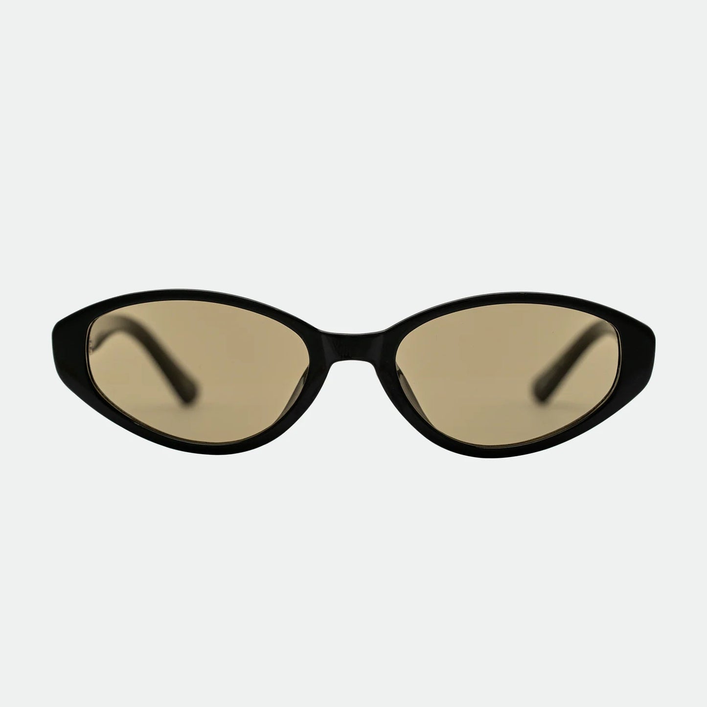 Black sunglasses with gold lenses on a white background
