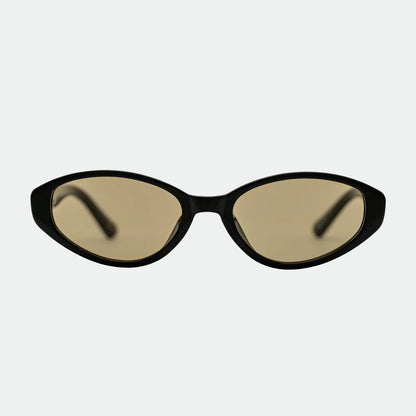 Black sunglasses with gold lenses on a white background
