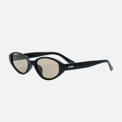 Black sunglasses with reflective lenses on a white background