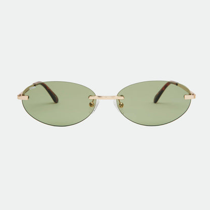 Sunglasses with gold frame and green lenses on a white background
