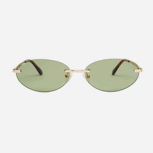 Sunglasses with gold frame and green lenses on a white background