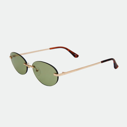 Sunglasses with gold frame and green lenses on a white background