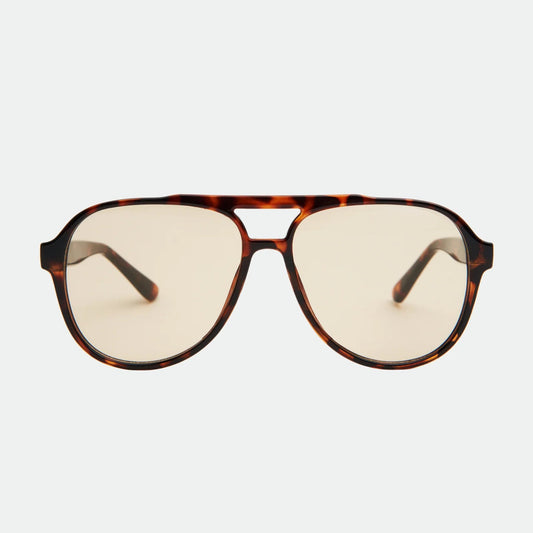 Tortoiseshell aviator glasses on a white background