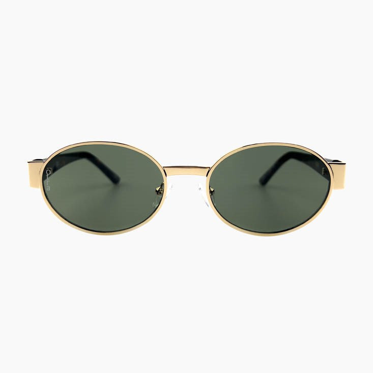 Round sunglasses with gold frame and dark lenses on a white background