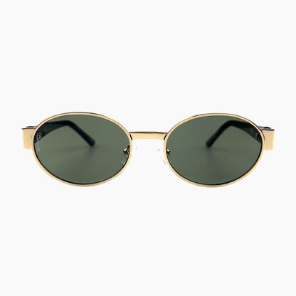 Round sunglasses with gold frame and dark lenses on a white background