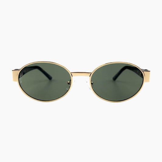 Round sunglasses with gold frame and dark lenses on a white background