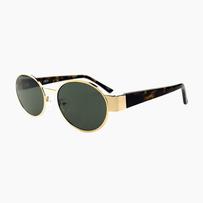 Round sunglasses with gold frame and dark lenses on a white background