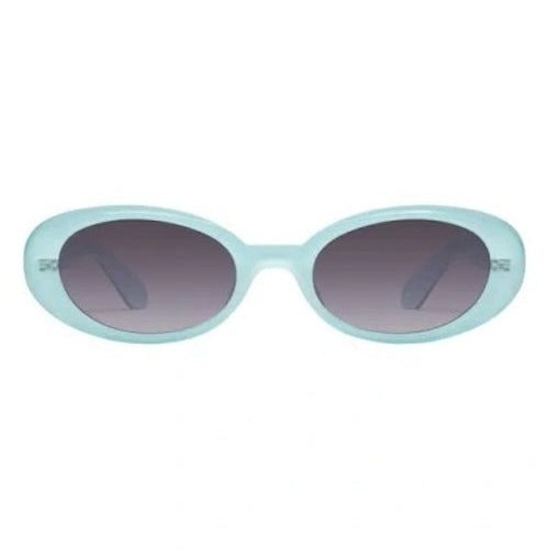 Light blue sunglasses with dark lenses on a white background