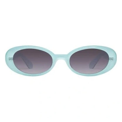 Light blue sunglasses with dark lenses on a white background