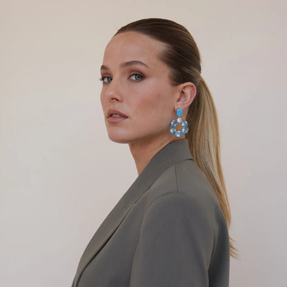 Maestro Italy Pera Hoop Earrings Sterling Silver, Rhodium Plated with Aquamarine Swarovski Crystals