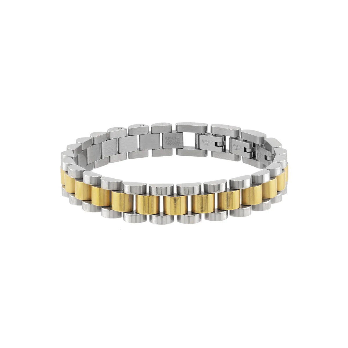 Two-tone silver and gold bracelet on a white background