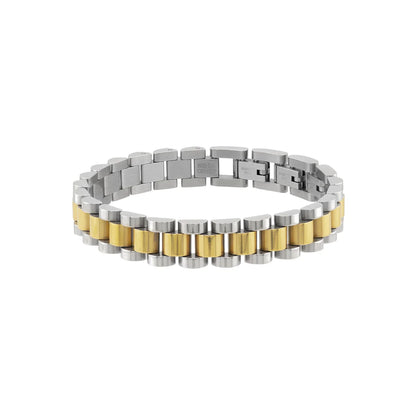 Two-tone silver and gold bracelet on a white background