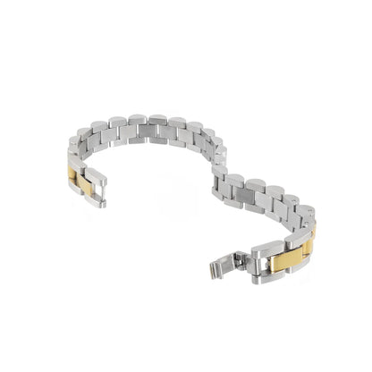 Silver and gold chain bracelet on a white background