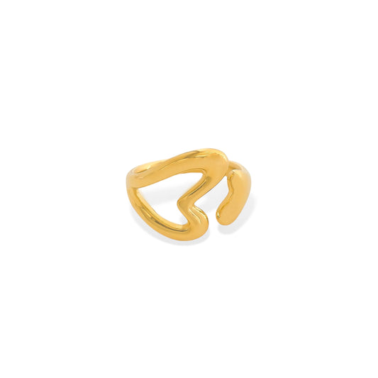 Gold ring with a heart design on a white background