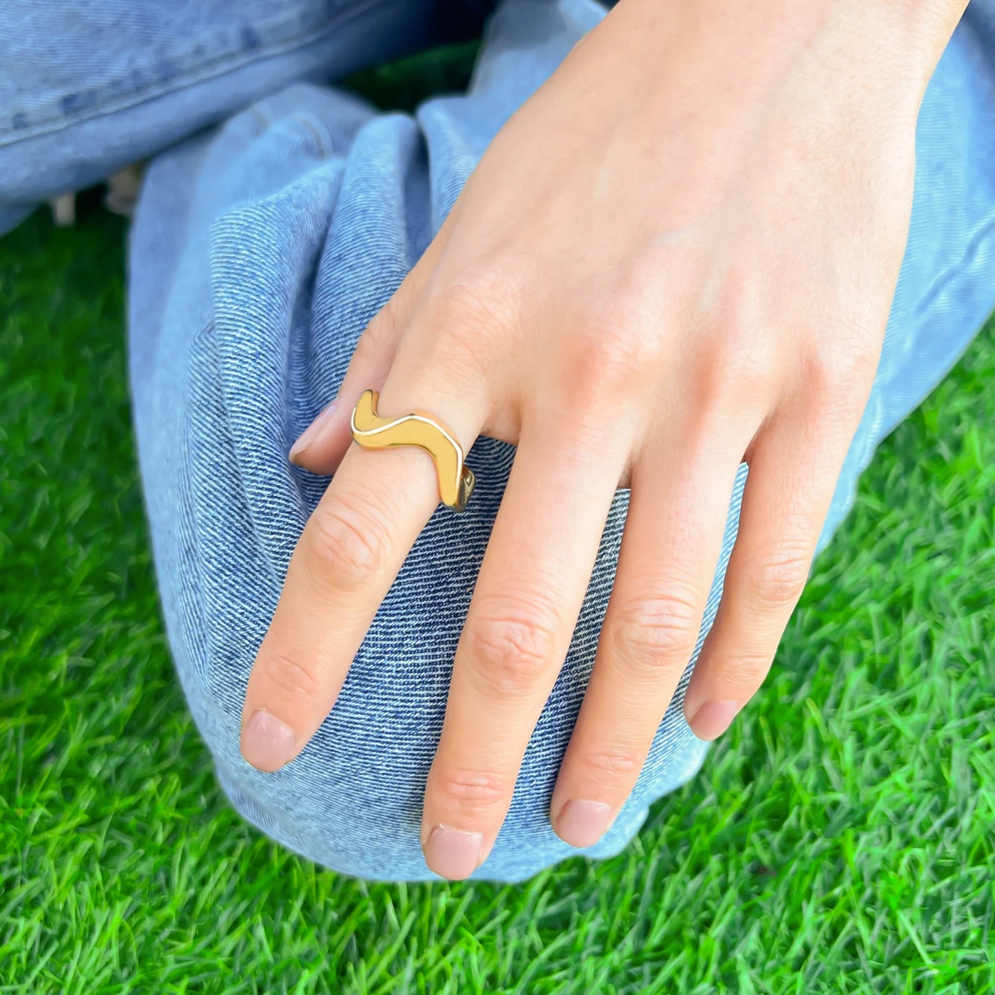 Women's Wavy Stainless Steel, Triple Gold Plated, Waterproof Ring