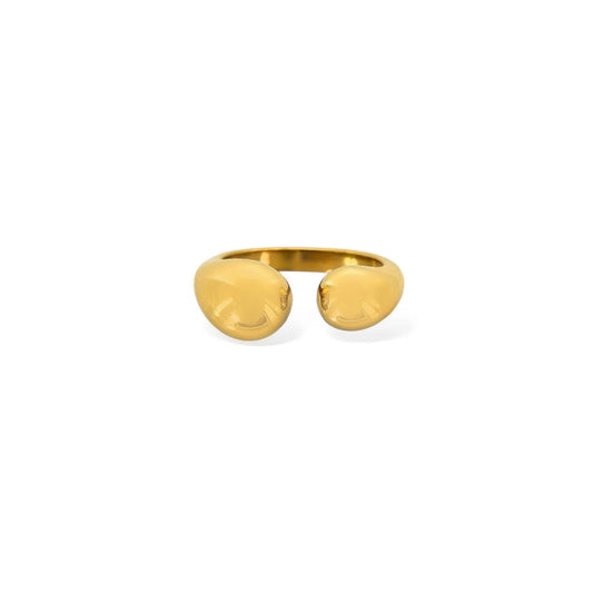 Gold ring with a rounded open front design on a white background