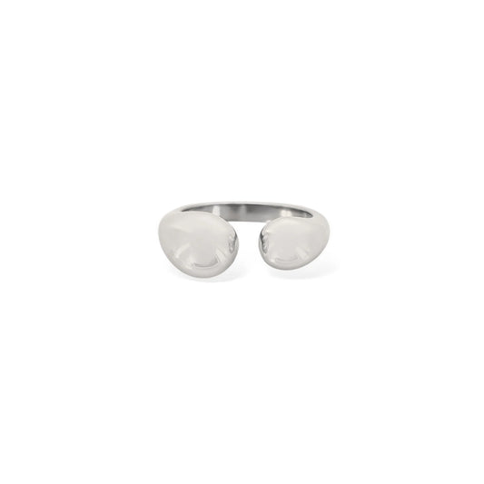 Silver ring with a rounded open front shaped design on a white background