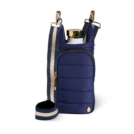 Navy blue wine bag with gold accents on a white background