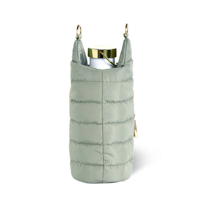 Green insulated bottle holder with gold clip on a white background