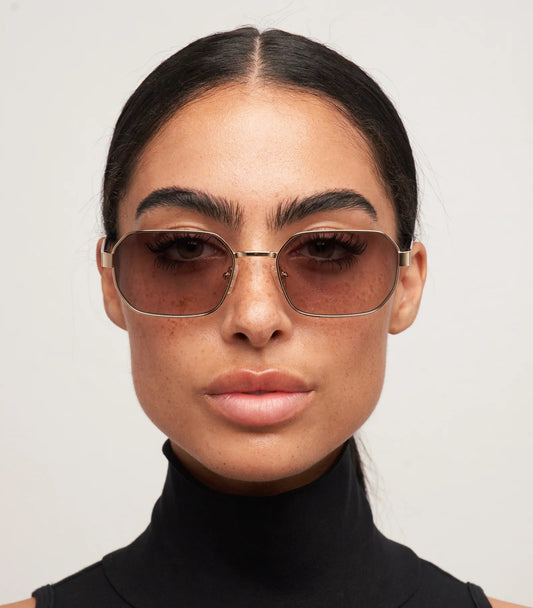 Woman wearing sunglasses with a plain background