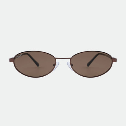 Brown sunglasses with a thin frame on a white background