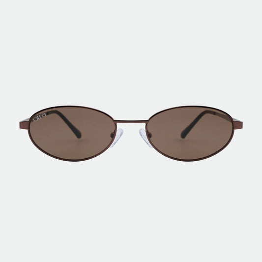 Brown sunglasses with a thin frame on a white background