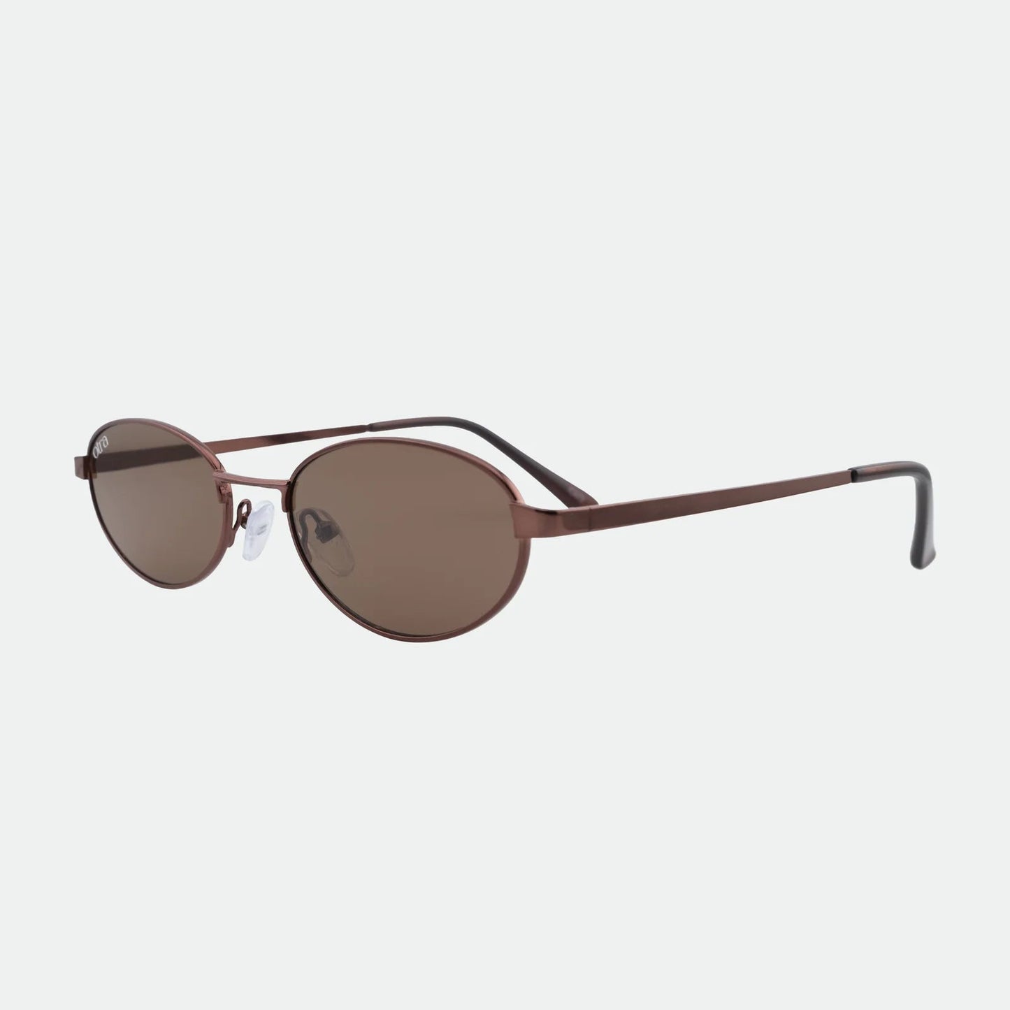 Round sunglasses with brown lenses on a white background