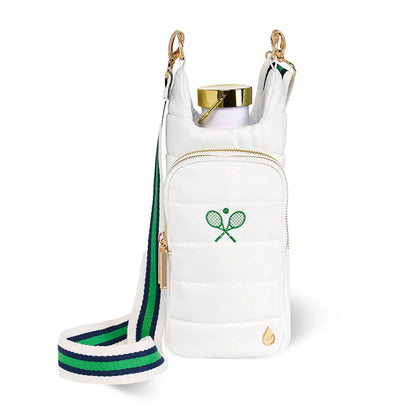 White bag with green and blue strap and tennis racket design on a white background