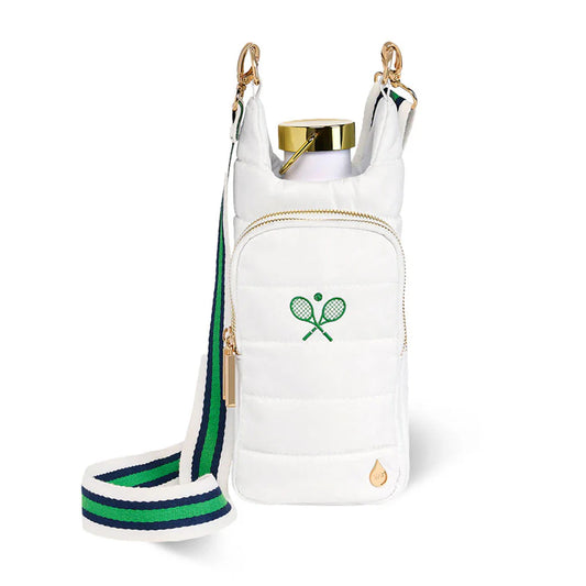 White bag with green and blue strap and tennis racket design on a white background