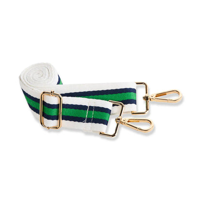 Striped belt with gold hardware on a white background