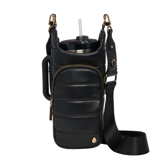 Black leather crossbody bag with a cup holder on a white background